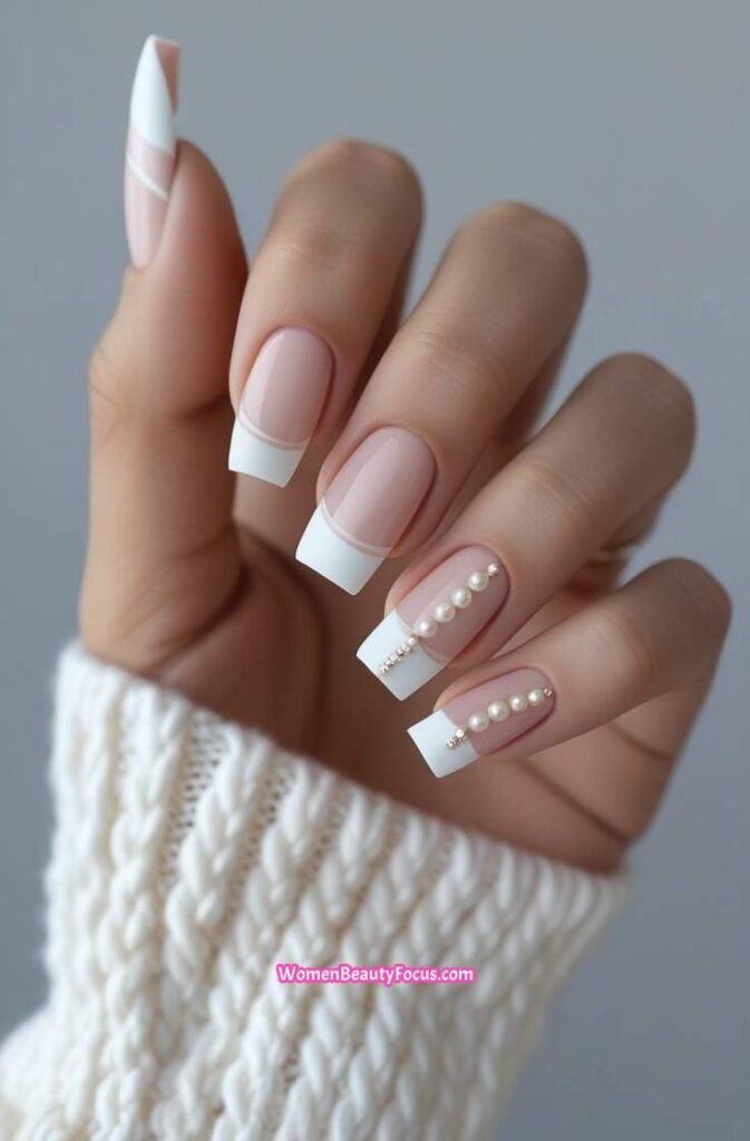6. French Nails with Pearl Embellished Accents