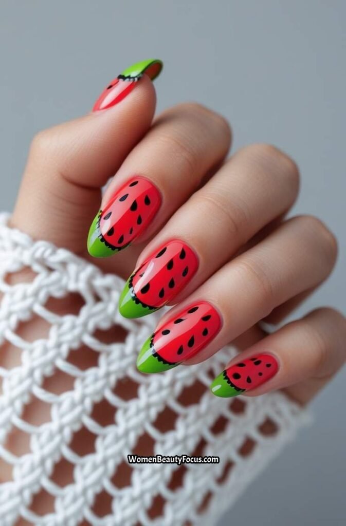 6. Glossy Red Nails with Watermelon Tips