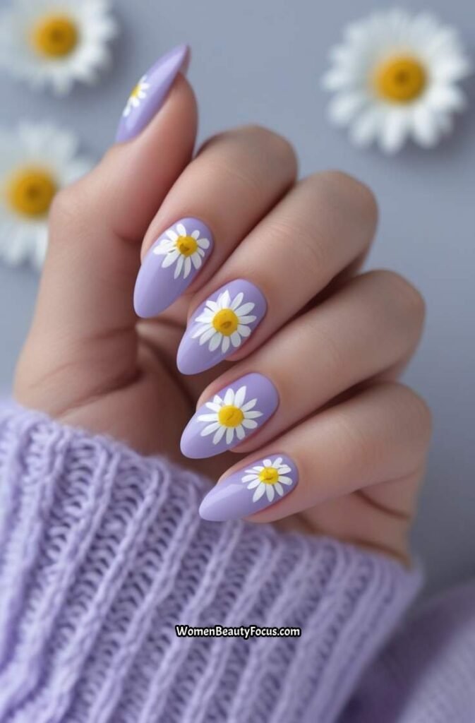 6. Lavender Nails with White Daisy Details