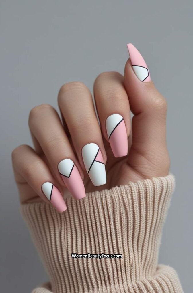 6. Matte Pink and White Geometric Nails