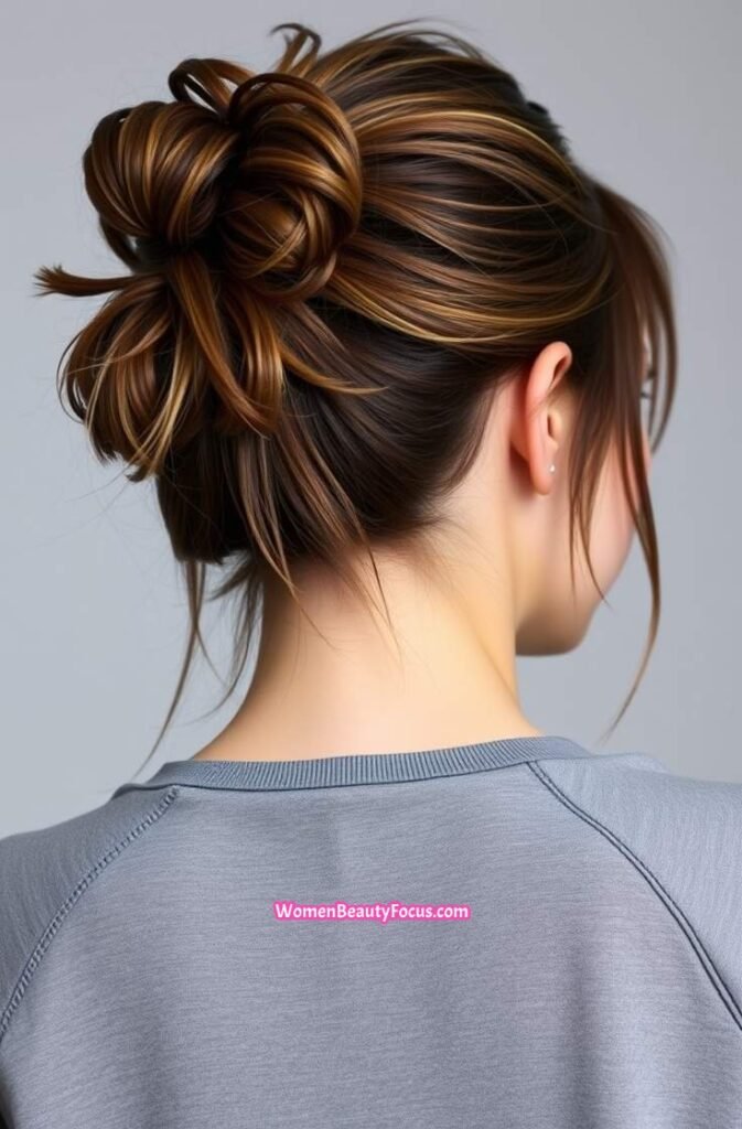 6. Messy Bun with Stray Curls Back View