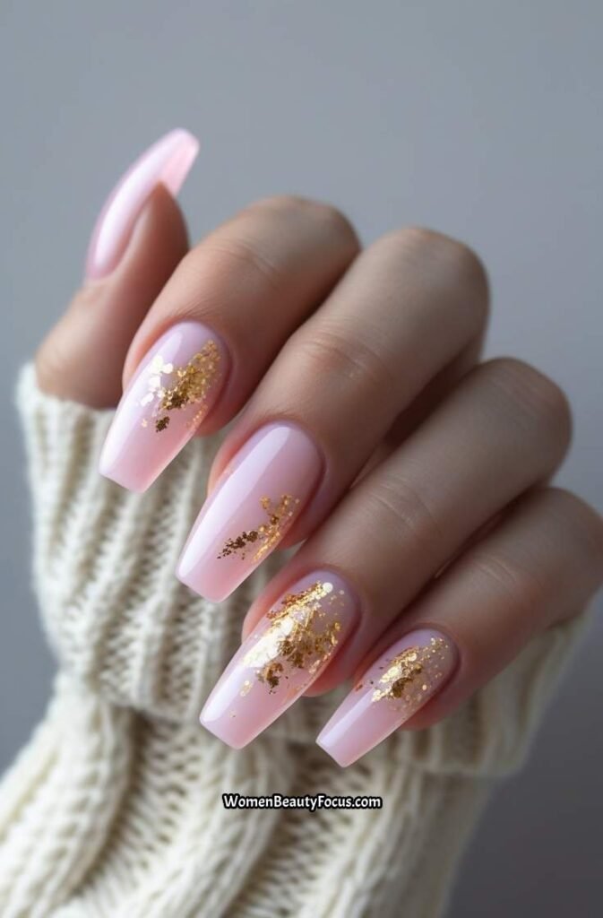 6. Milky Pink Nails with Gold Foil Accents
