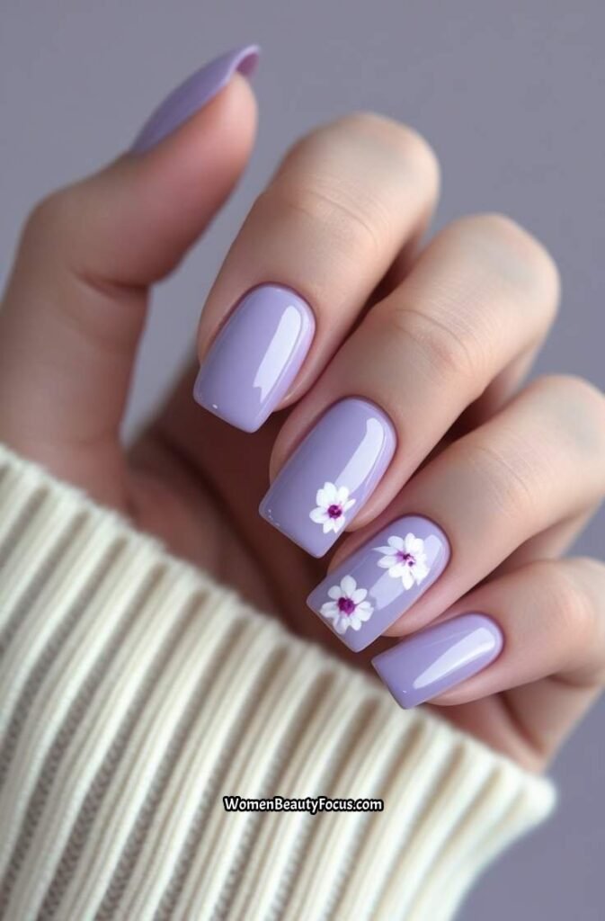6. Pale Lavender Square Nails with Glossy Topcoat