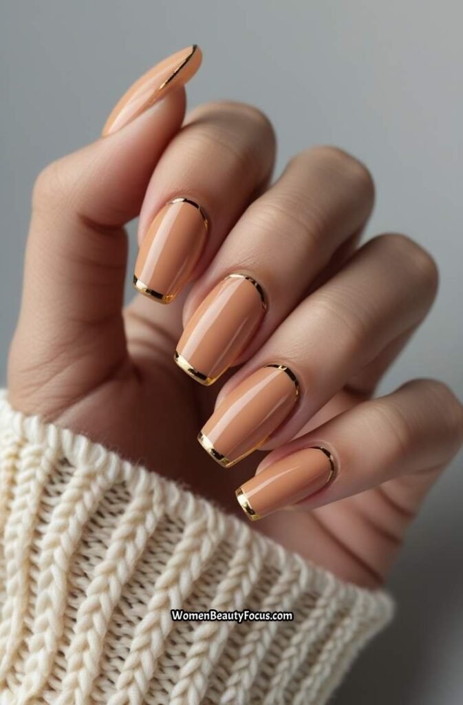 6. Peachy Nails with Thin Gold Lines
