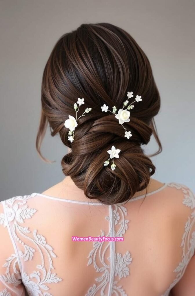 6. Romantic Low Bun with Floral Accessories Back View