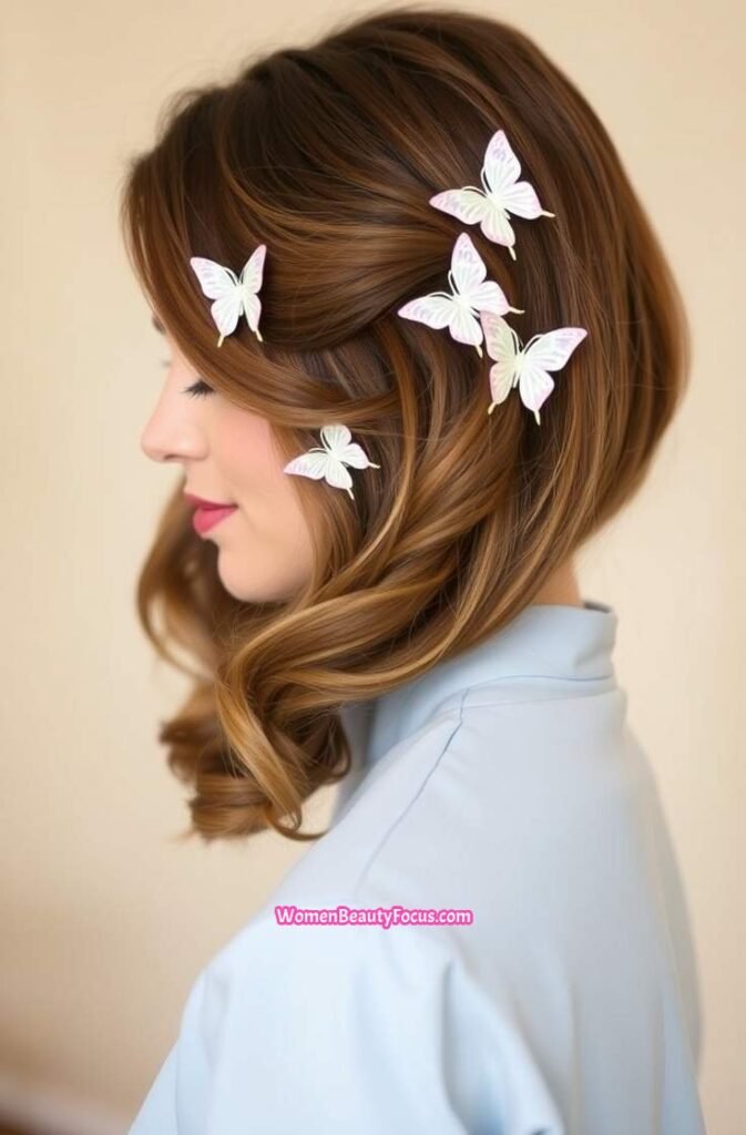 6. Side Parted Zigzag Hair with Butterfly Clips Side View