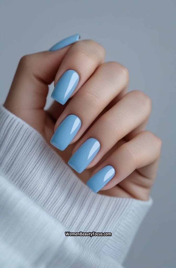 6. Sky Blue Square Nails with Glossy Shine