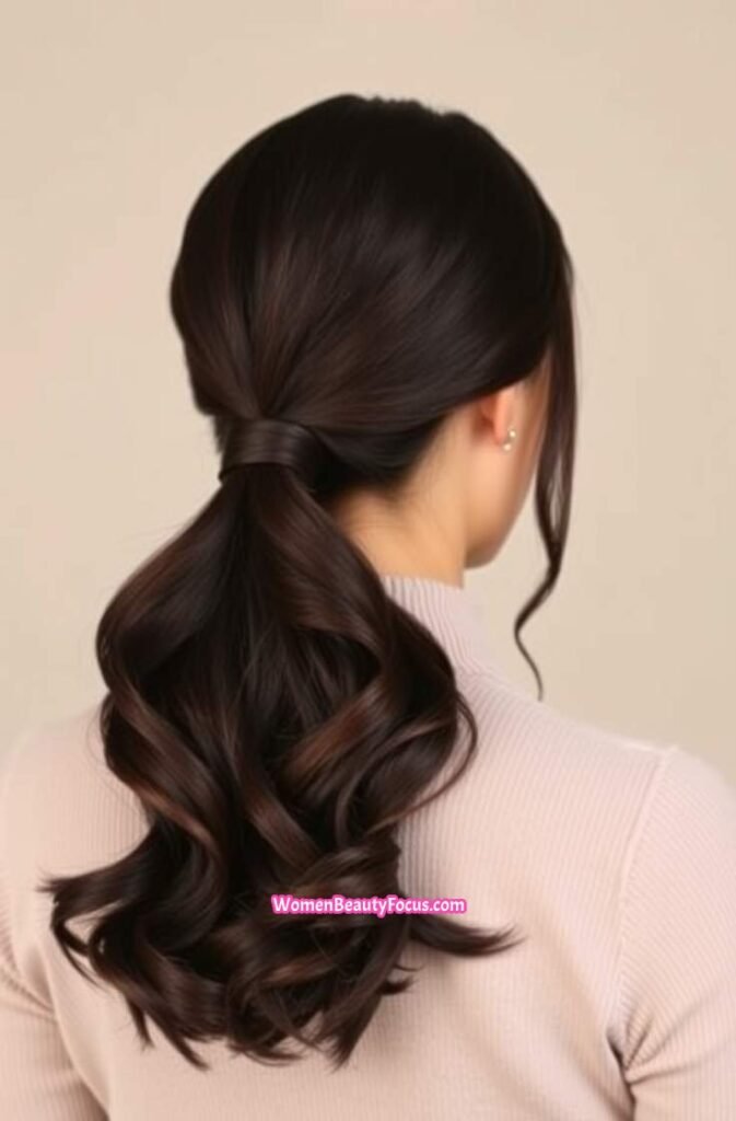 6. Sleek Low Ponytail with Subtle Waves Back View