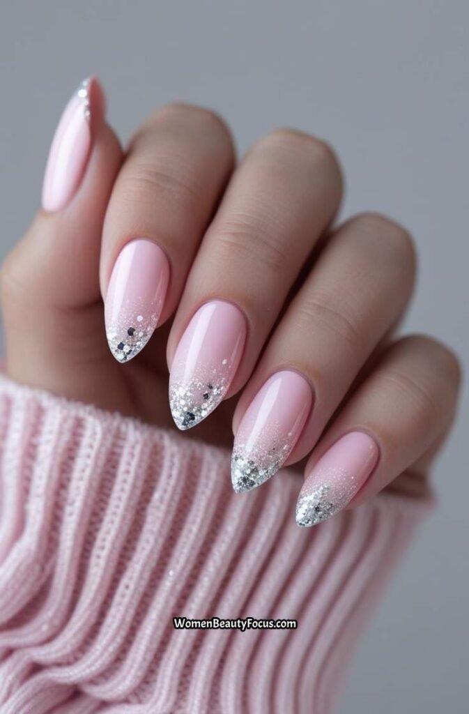 6. Soft Pink Gradient Nails with Silver Glitte