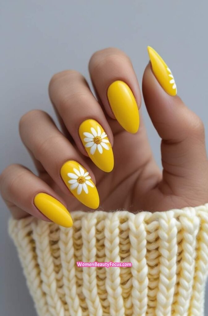6. Sunflower Yellow Nails with Accent Art
