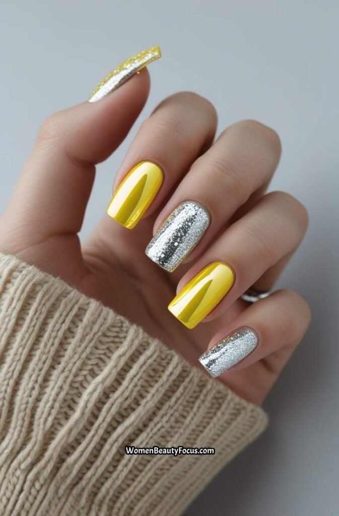 6. Yellow Chrome and Glitter Accent Nails
