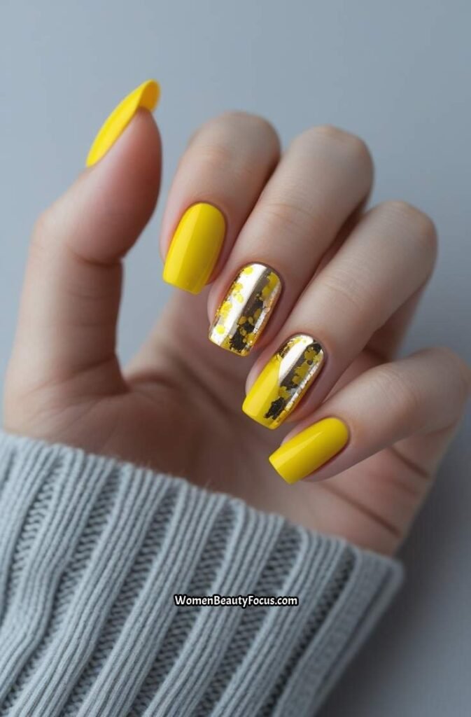 6. Yellow Nails with Metallic Foil