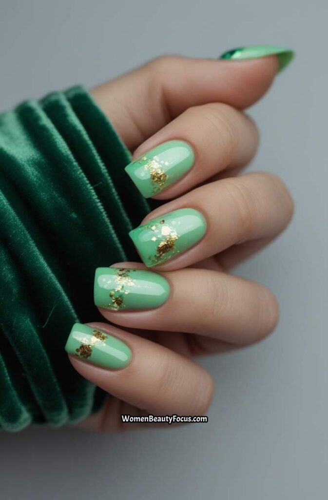 7. Green Aura Nails with Gold Flakes