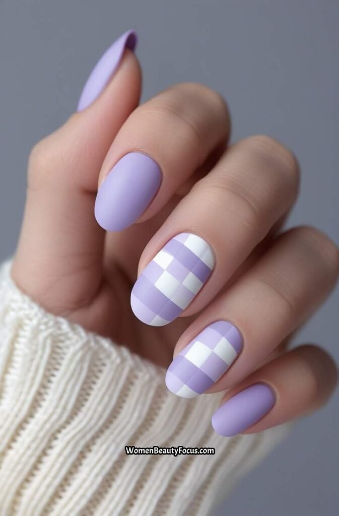 7. Lilac and White Checkerboard Nails