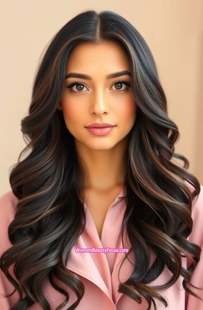 7. Long Defined Curls with Middle Part Front View
