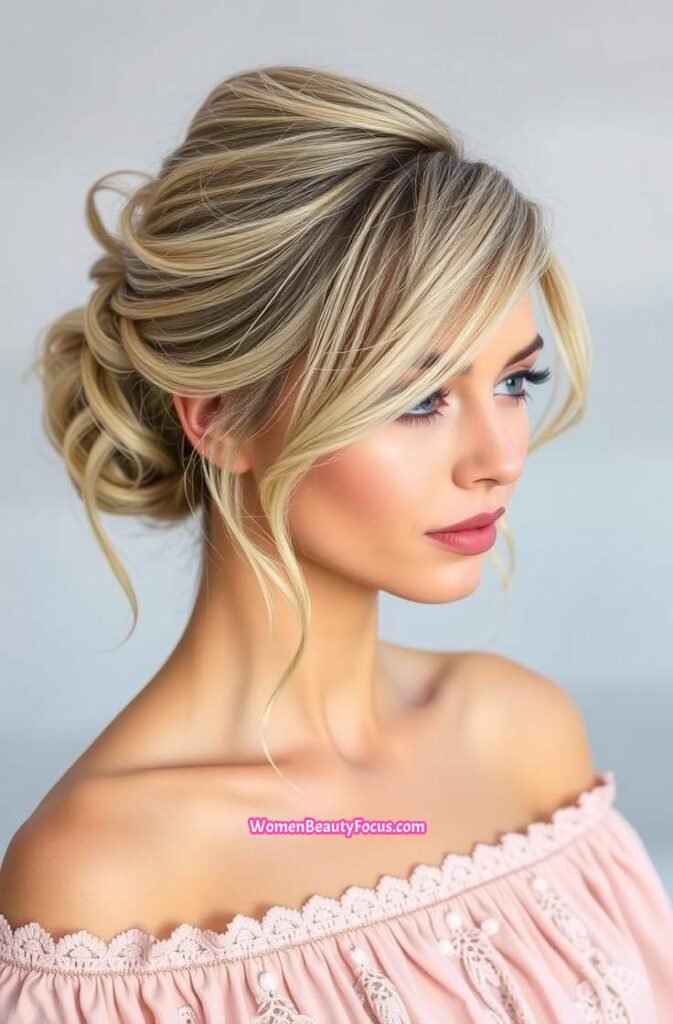 7. Loose Textured Updo with Wispy Bangs Front View