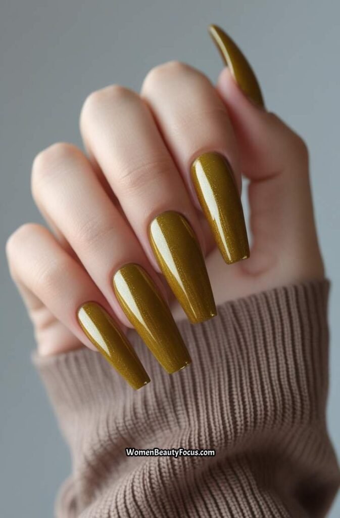 7. Metallic Mustard Chrome Coffin Nails