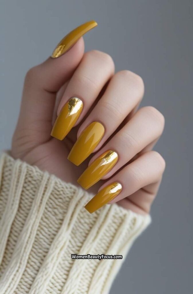 7. Mustard Yellow Nails with Gold Foil
