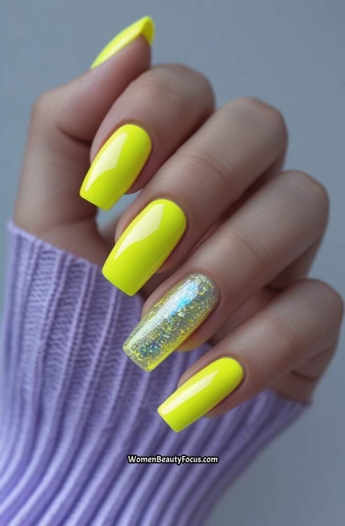 7. Neon Yellow Square Nails with Glitter Accent
