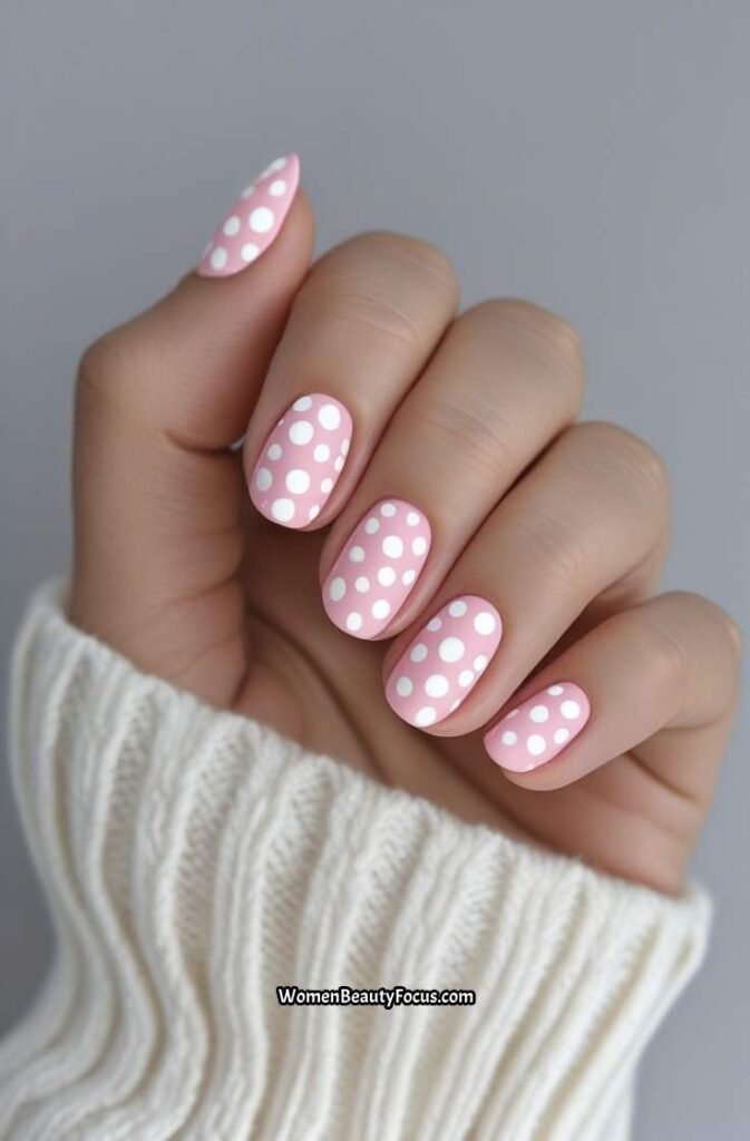 7. Pink and White Polka Dot Nails