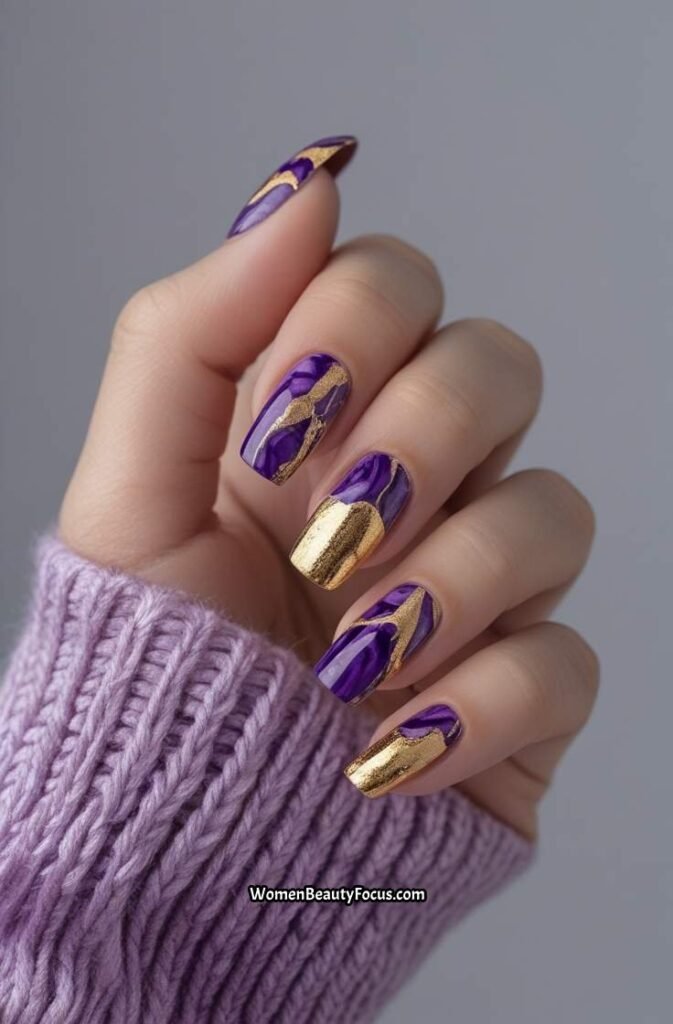 7. Purple and Gold Marble Nails