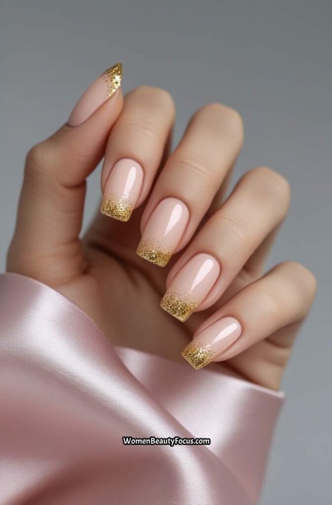 7. Sheer Neutral Square Nails with Gold Glitter Tips
