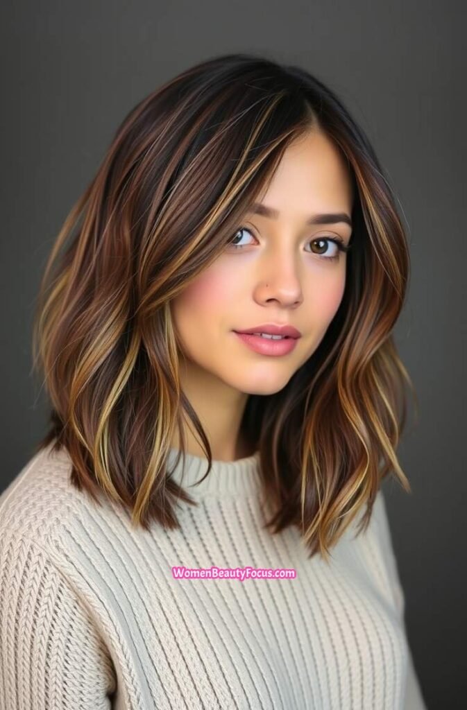 7. Textured Long Bob with Side Swept Bangs Front View