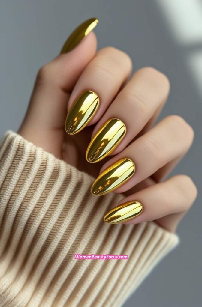 7. Yellow Chrome Nails on Oval Shape