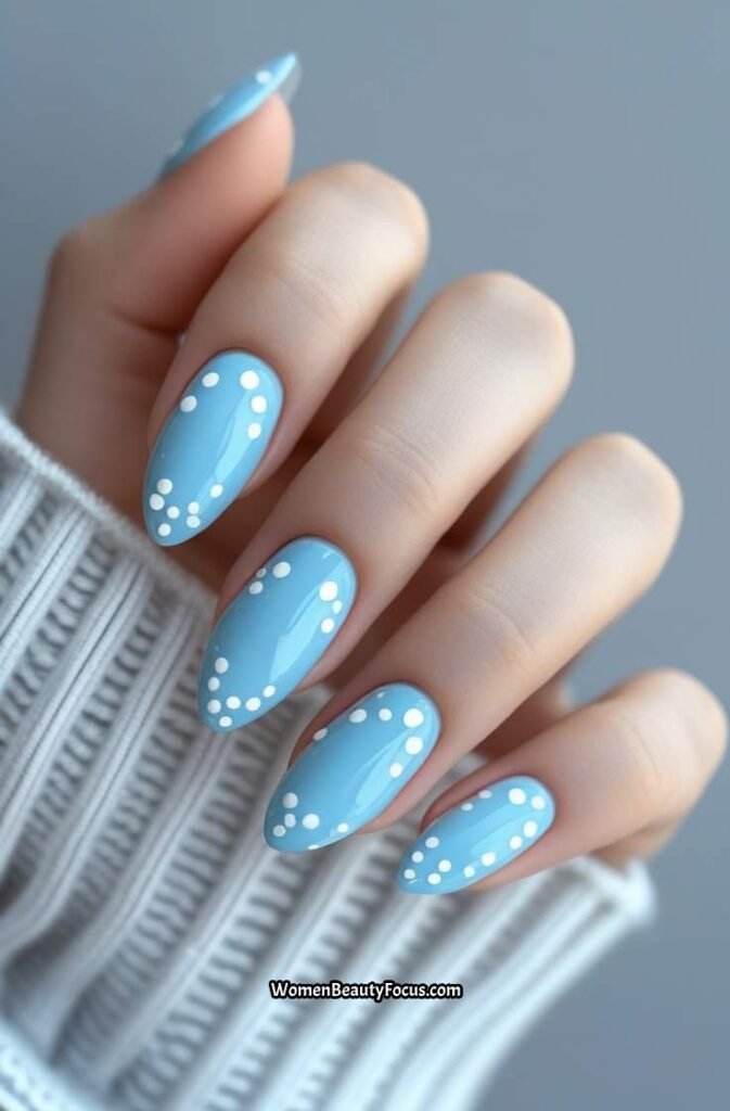 8. Baby Blue Nails with White Dots