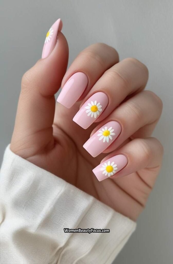 8. Baby Pink Acrylic Nails with White Daisies
