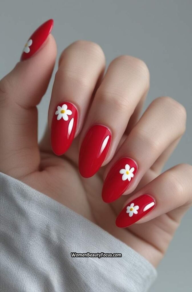 8. Cherry Red Nails with Dainty Art