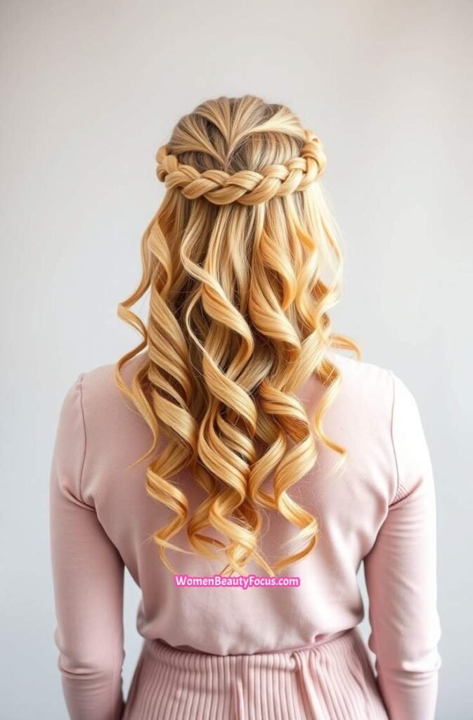 8. Elegant Braided Crown with Soft Curls Back View