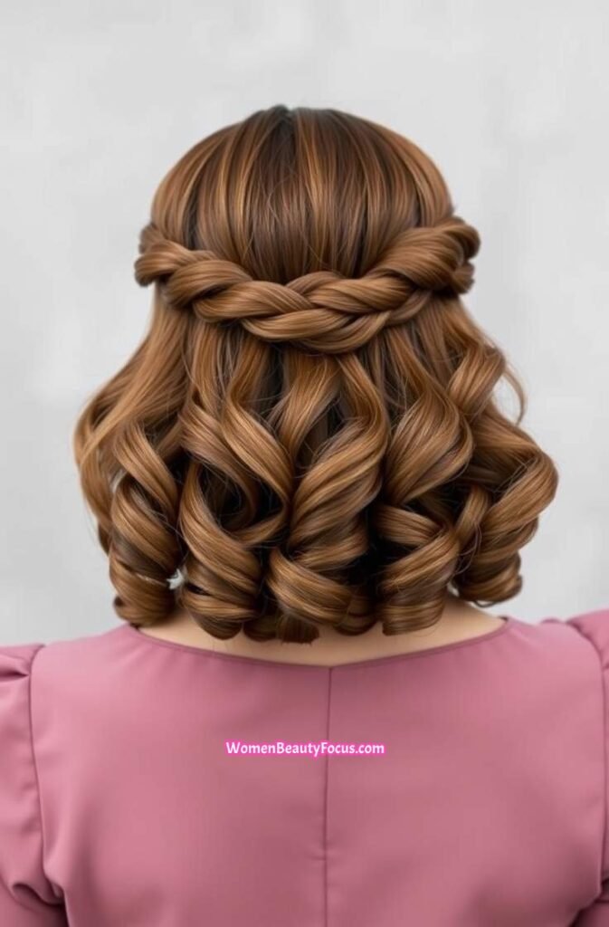 8. Elegant Braided Half Up with Soft Curls Back View