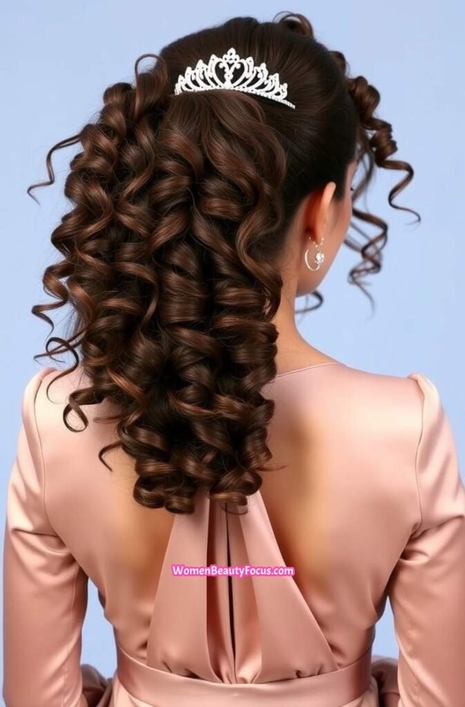 8. High Curly Ponytail with Prom Tiara Back View