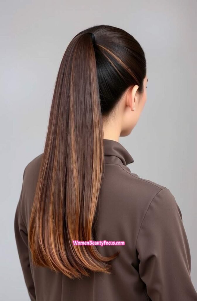 8. High Ponytail with Cinnamon Highlights Back View
