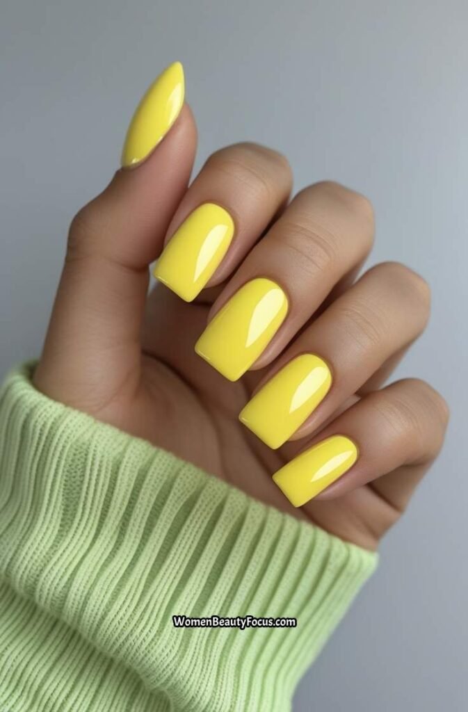 8. Lemon Yellow Square Nails with a Glossy Finish
