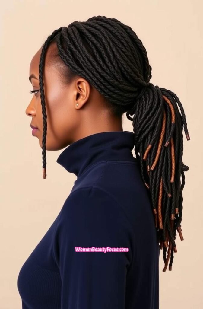 8. Locs Pulled into a Side Ponytail Side View