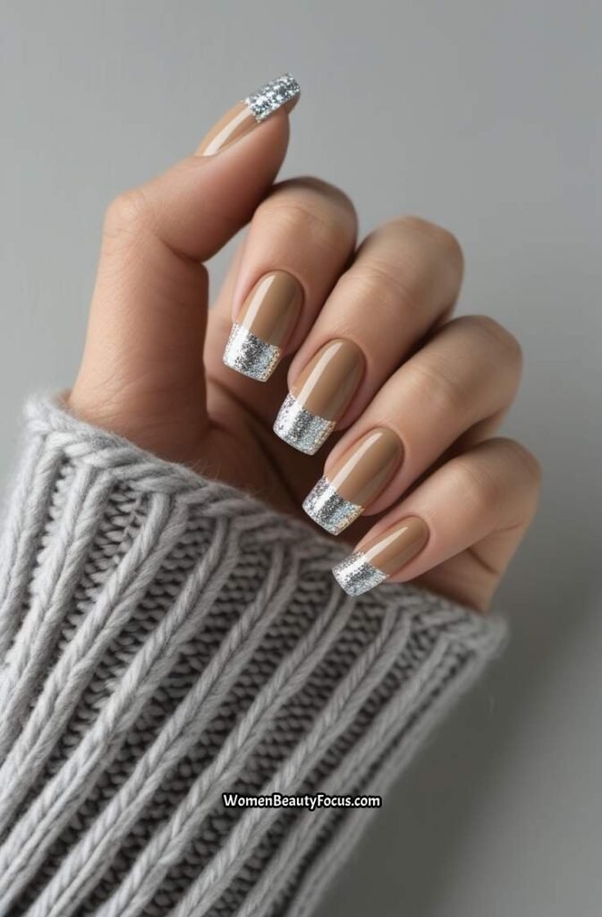 8. Neutral Nails with Silver Glitter Tips