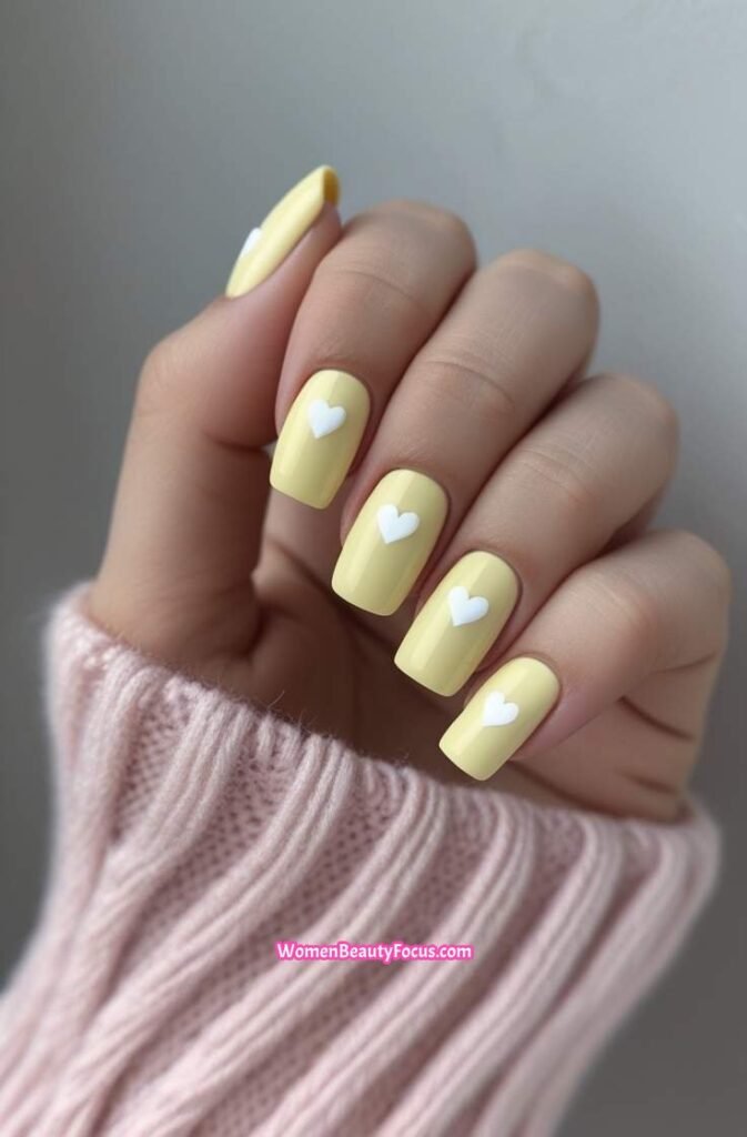 8. Pale Yellow Nails with Tiny White Hearts