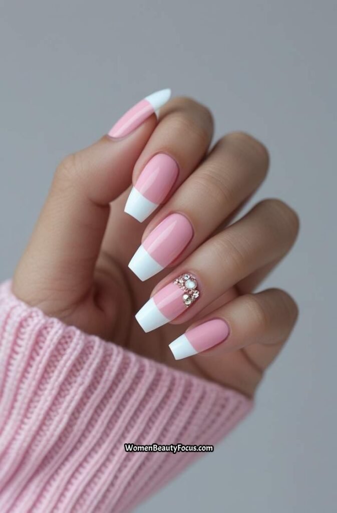 8. Pink French Tips with Shimmering Rhinestones