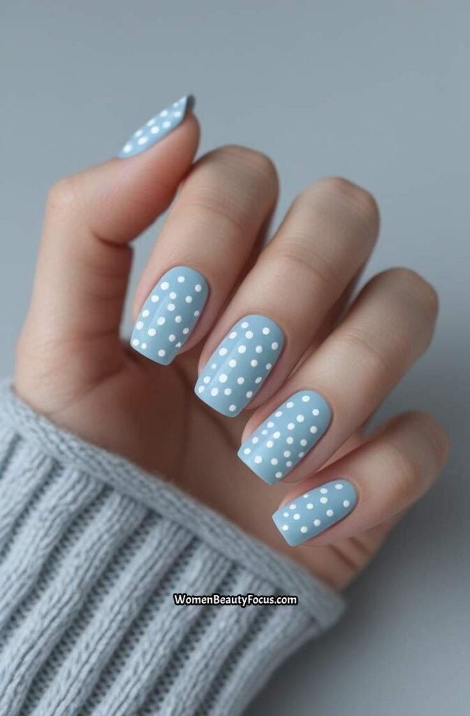 8. Powder Blue Nails with Delicate White Dots