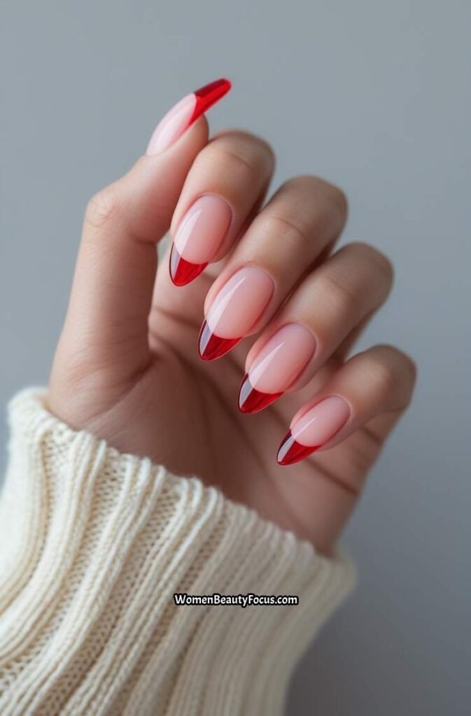 8. Red Glass French Tip Nails