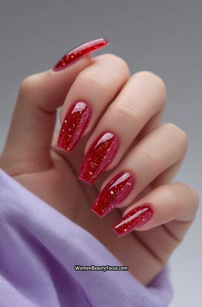 8. Red Jelly Nails with Embedded Glitter