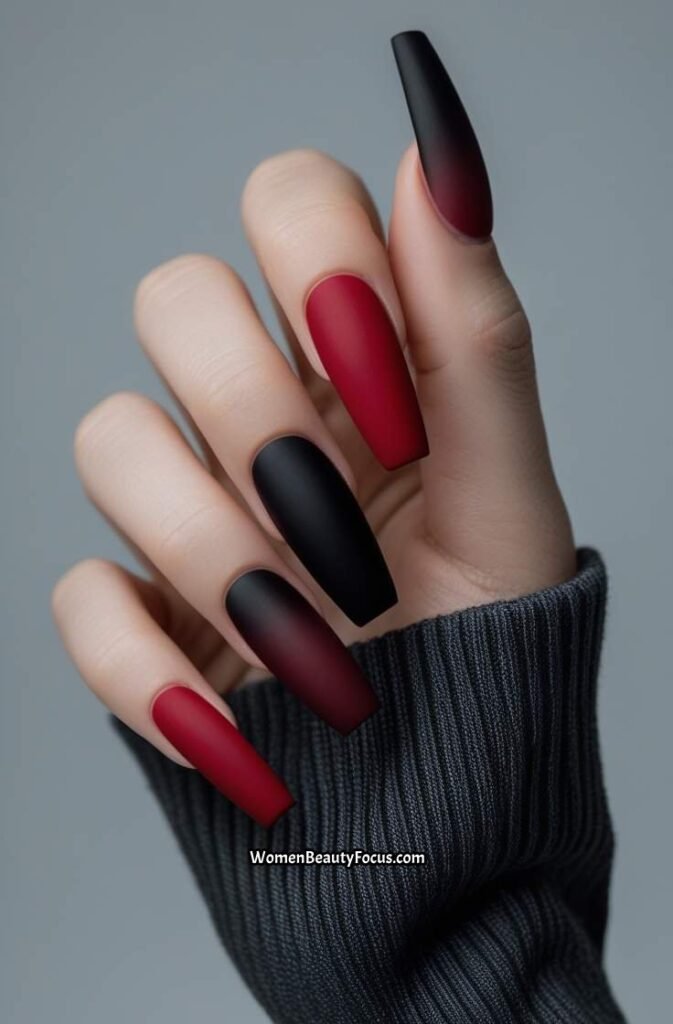 8. Red and Black Ombre Coffin Nails