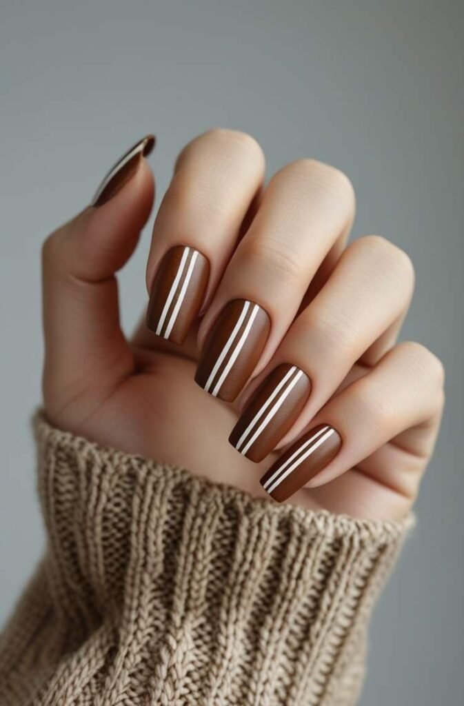 8. Rustic Brown with White Stripes Nails