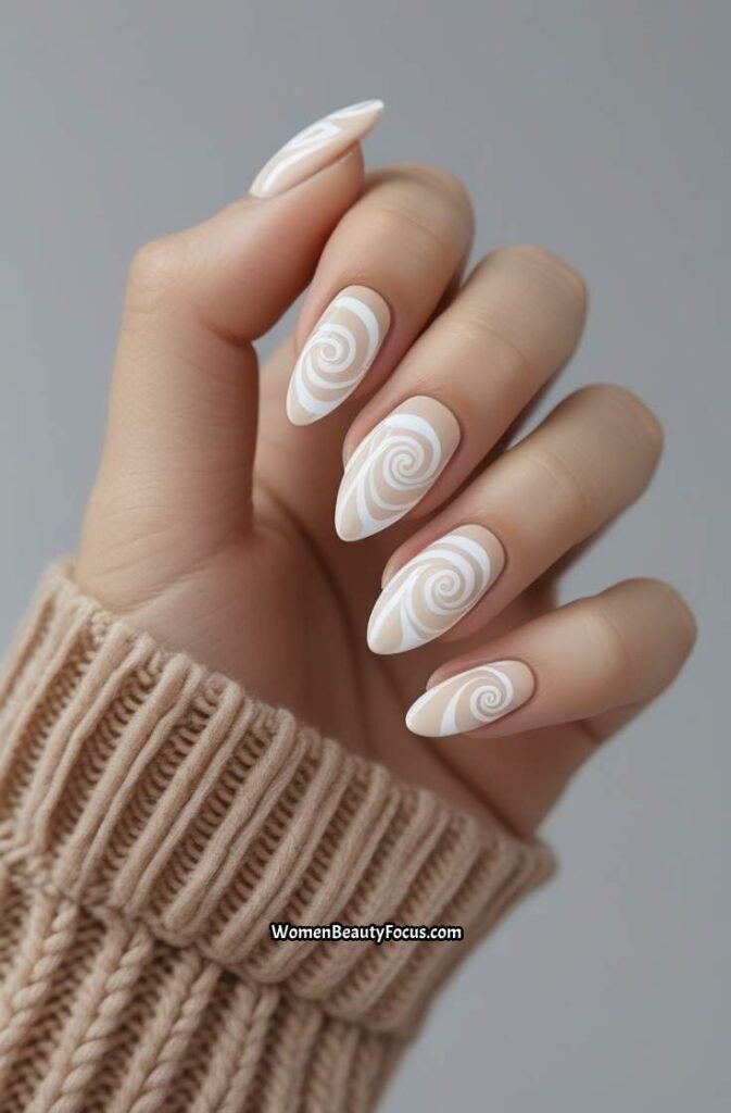 8. Short Acrylic Nails with White Swirls