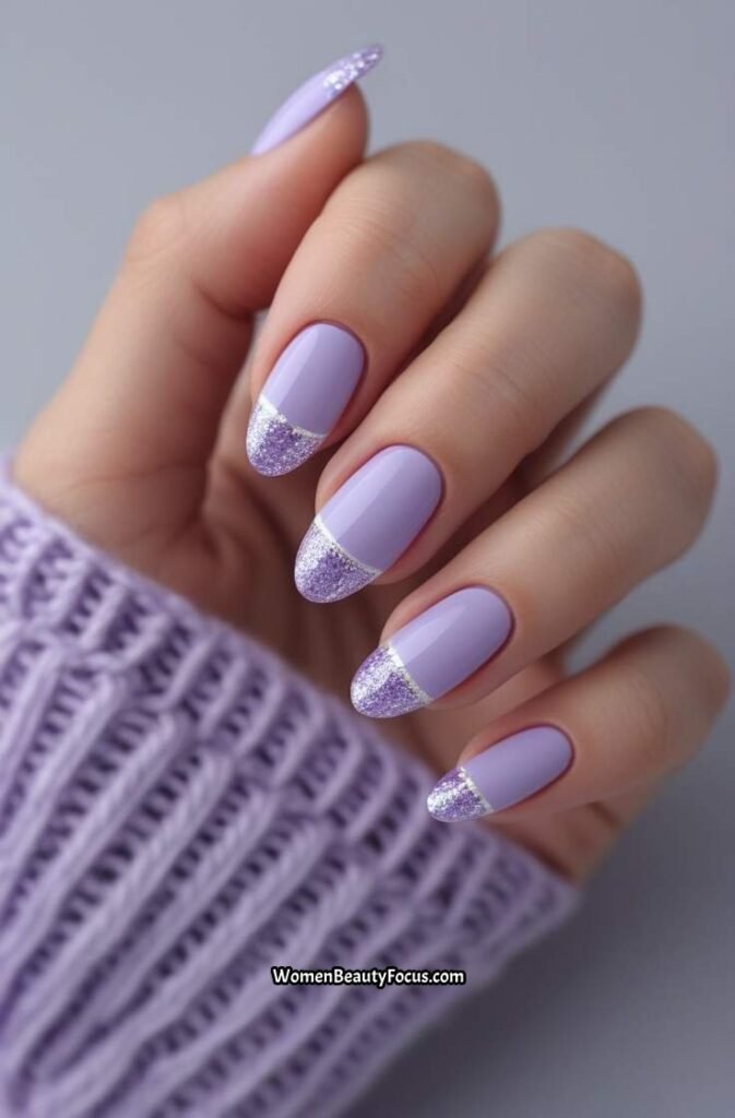 8. Soft Lavender Nail Design with Glitter Tips