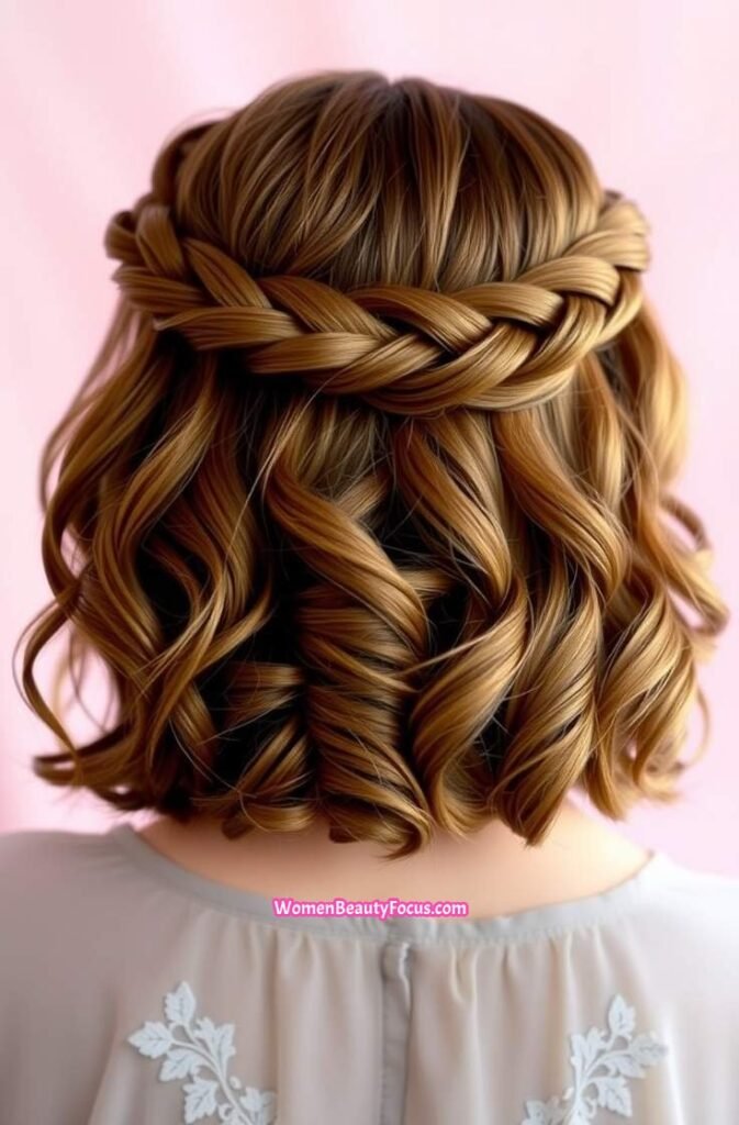 8. Textured Braided Crown with Loose Waves Back View