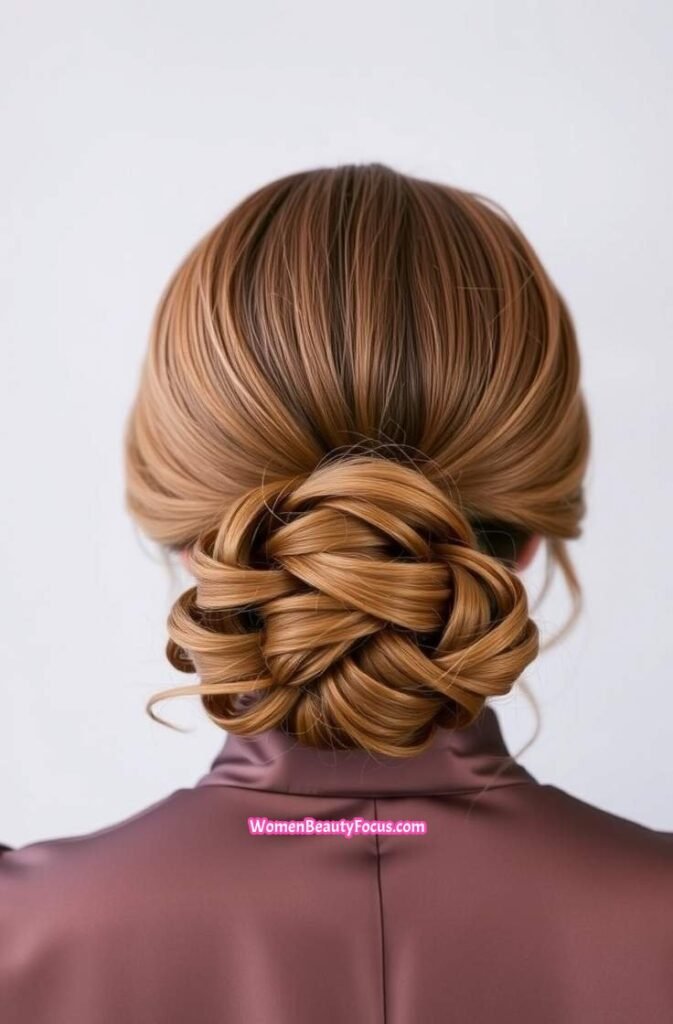 8. Voluminous Low Bun with Soft Curls Back View