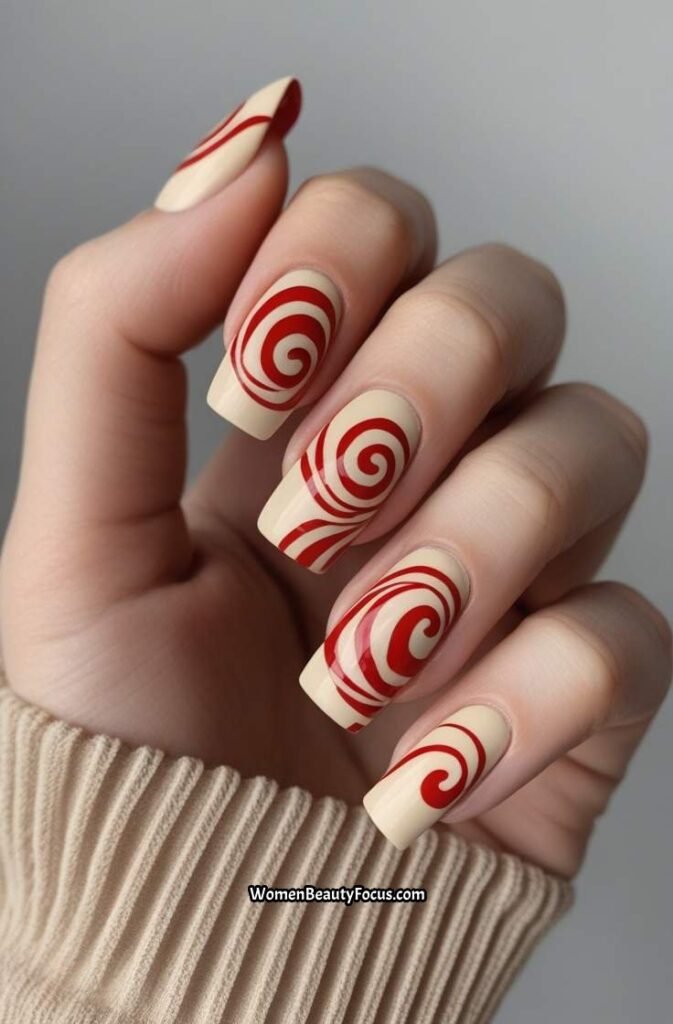 9. Abstract Red Swirl Nails with Neutral Base